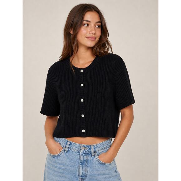 aerie Sweaters - Aerie Black Ribbed Cropped Cardigan | Button Front Short Sleeve Sweater